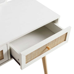 Nordic Woven Rattan Dressing Table with Mirror, White