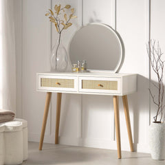 Nordic Woven Rattan Dressing Table with Mirror, White