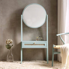 Nordic Woven Rattan Standing Dressing Table with Mirror, White