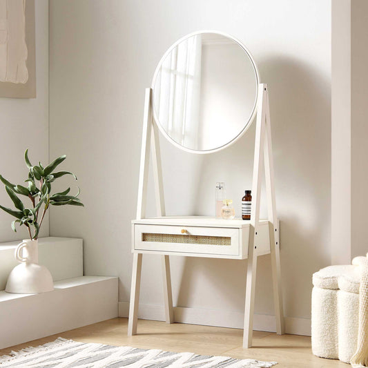 Nordic Woven Rattan Standing Dressing Table with Mirror, White