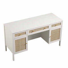 Nordic Woven Rattan 3-Drawer Desk, White