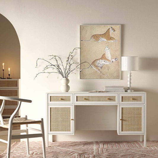 Nordic Woven Rattan 3-Drawer Desk, White