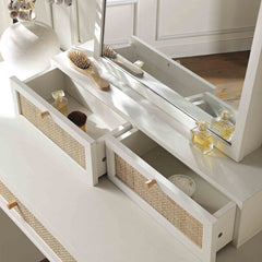 Nordic Woven Rattan Tall Vanity Chest with Mirror, White