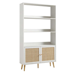 Nordic Woven Rattan Bookcase with Doors, White