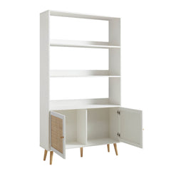 Nordic Woven Rattan Bookcase with Doors, White