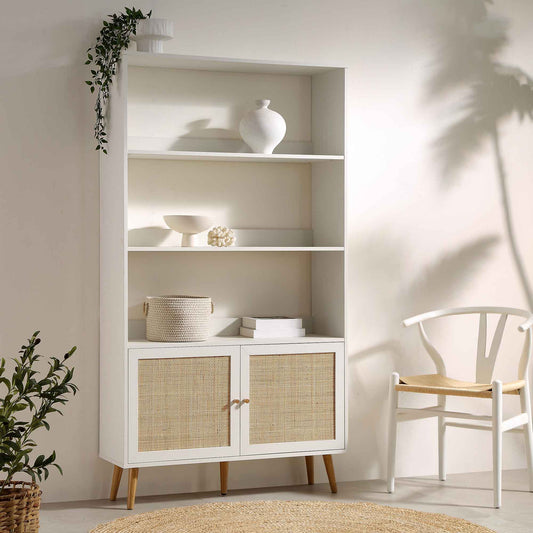 Nordic Woven Rattan Bookcase with Doors, White