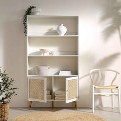 Nordic Woven Rattan Bookcase with Doors, White