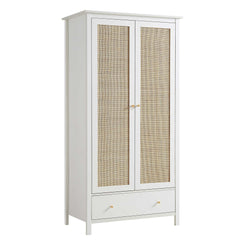 Nordic Rattan Double Wardrobe with 1 Drawer, White