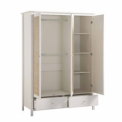 Nordic Rattan Triple Wardrobe with 2 Drawers, White