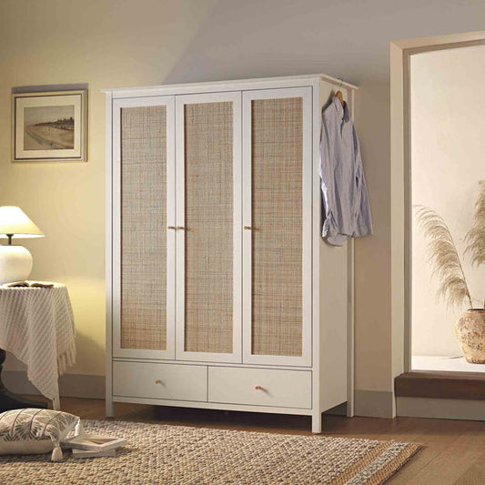 Nordic Rattan Triple Wardrobe with 2 Drawers, White