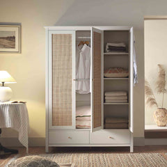 Nordic Rattan Triple Wardrobe with 2 Drawers, White