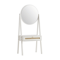 Nordic Woven Rattan Standing Dressing Table with Mirror, White
