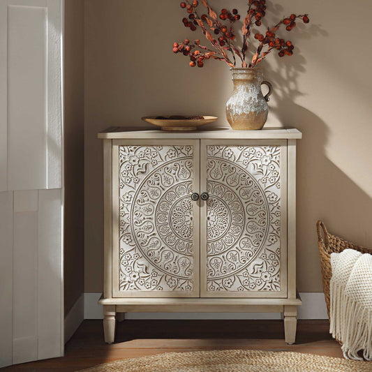 Signature Whitewashed Carved Small Sideboard