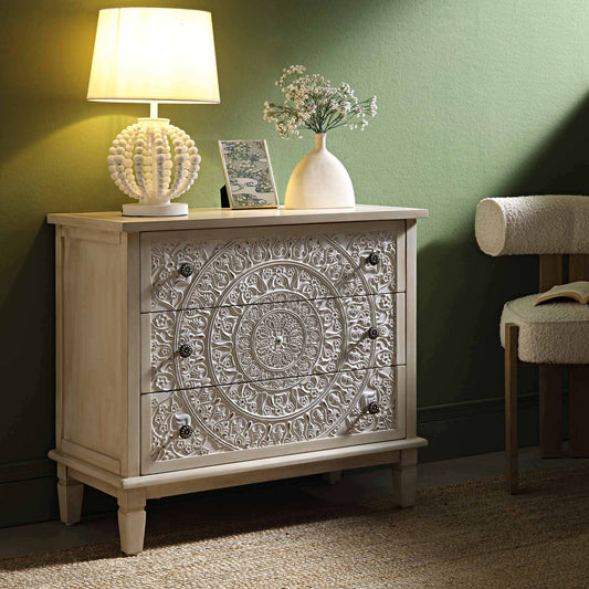 Signature Whitewashed Carved 3 Drawer Chest