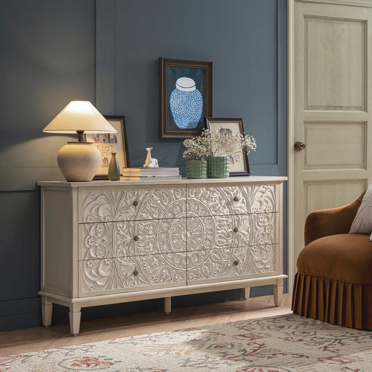 Signature Whitewashed Carved Wide 6 Drawer Chest