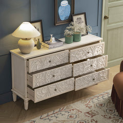 Signature Whitewashed Carved Wide 6 Drawer Chest