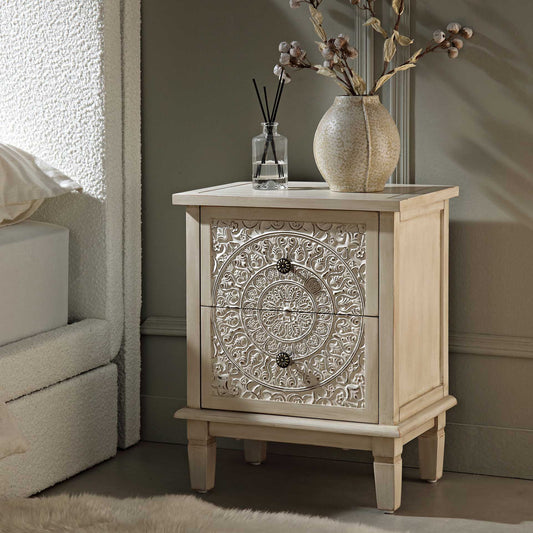 Signature Whitewashed Carved 2 Drawer Bedside Table