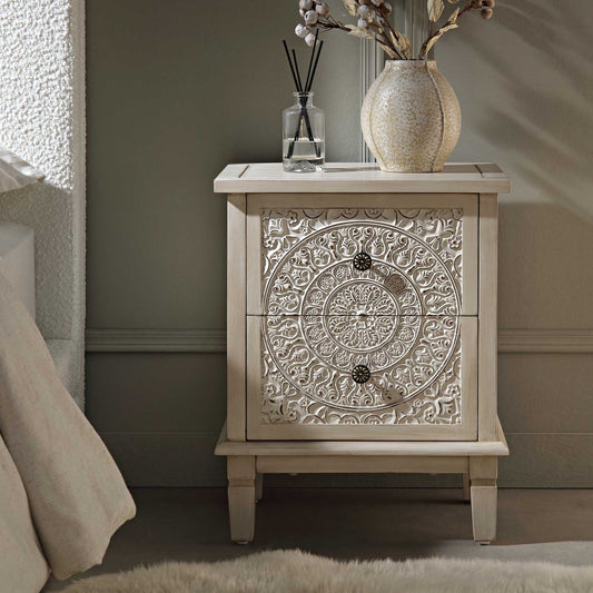 Signature Whitewashed Carved 2 Drawer Bedside Table