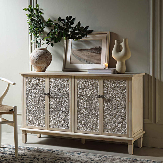 Signature Whitewashed Carved Large Sideboard