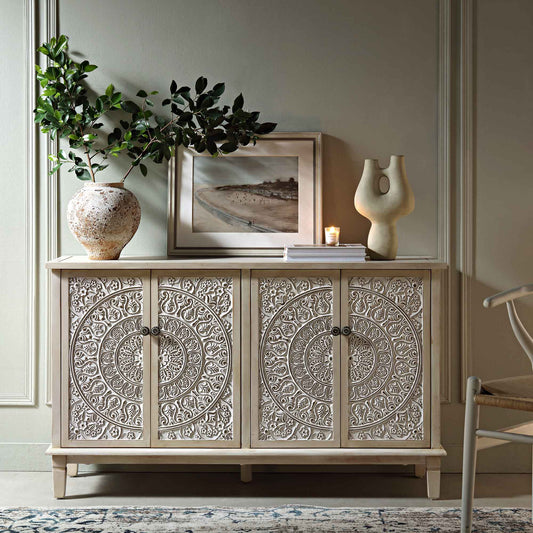 Signature Whitewashed Carved Large Sideboard