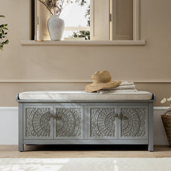 Signature Whitewashed Carved Storage Bench