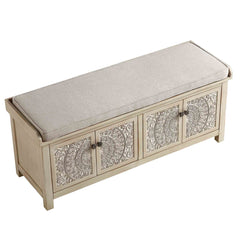 Signature Whitewashed Carved Storage Bench