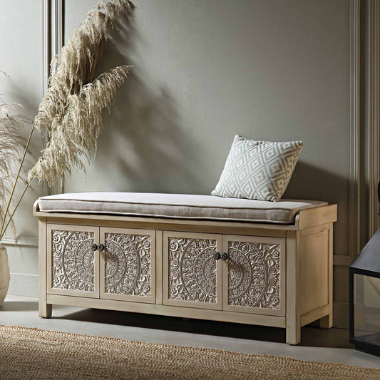Signature Whitewashed Carved Storage Bench