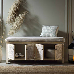 Signature Whitewashed Carved Storage Bench