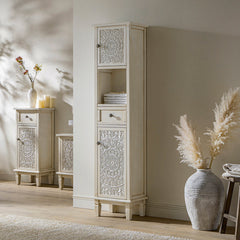 Signature Whitewashed Carved Bathroom Tallboy Cabinet