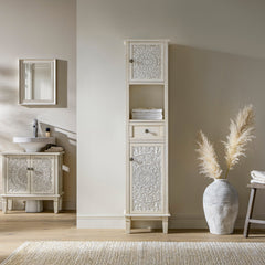 Signature Whitewashed Carved Bathroom Tallboy Cabinet