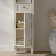 Signature Whitewashed Carved Bathroom Tallboy Cabinet