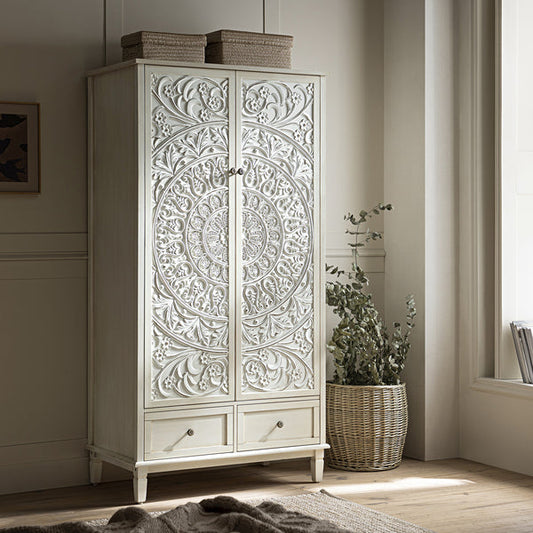 Signature Whitewashed Carved Double Wardrobe