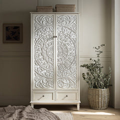 Signature Whitewashed Carved Double Wardrobe