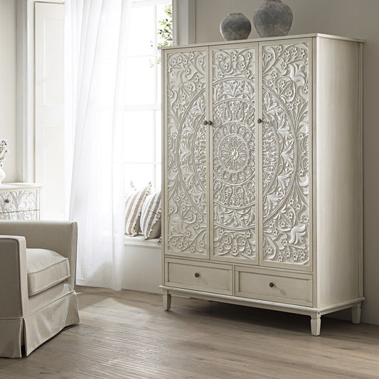 Signature Whitewashed Carved Triple Wardrobe