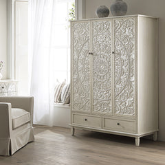 Signature Whitewashed Carved Triple Wardrobe