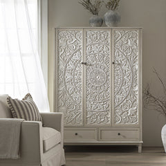 Signature Whitewashed Carved Triple Wardrobe